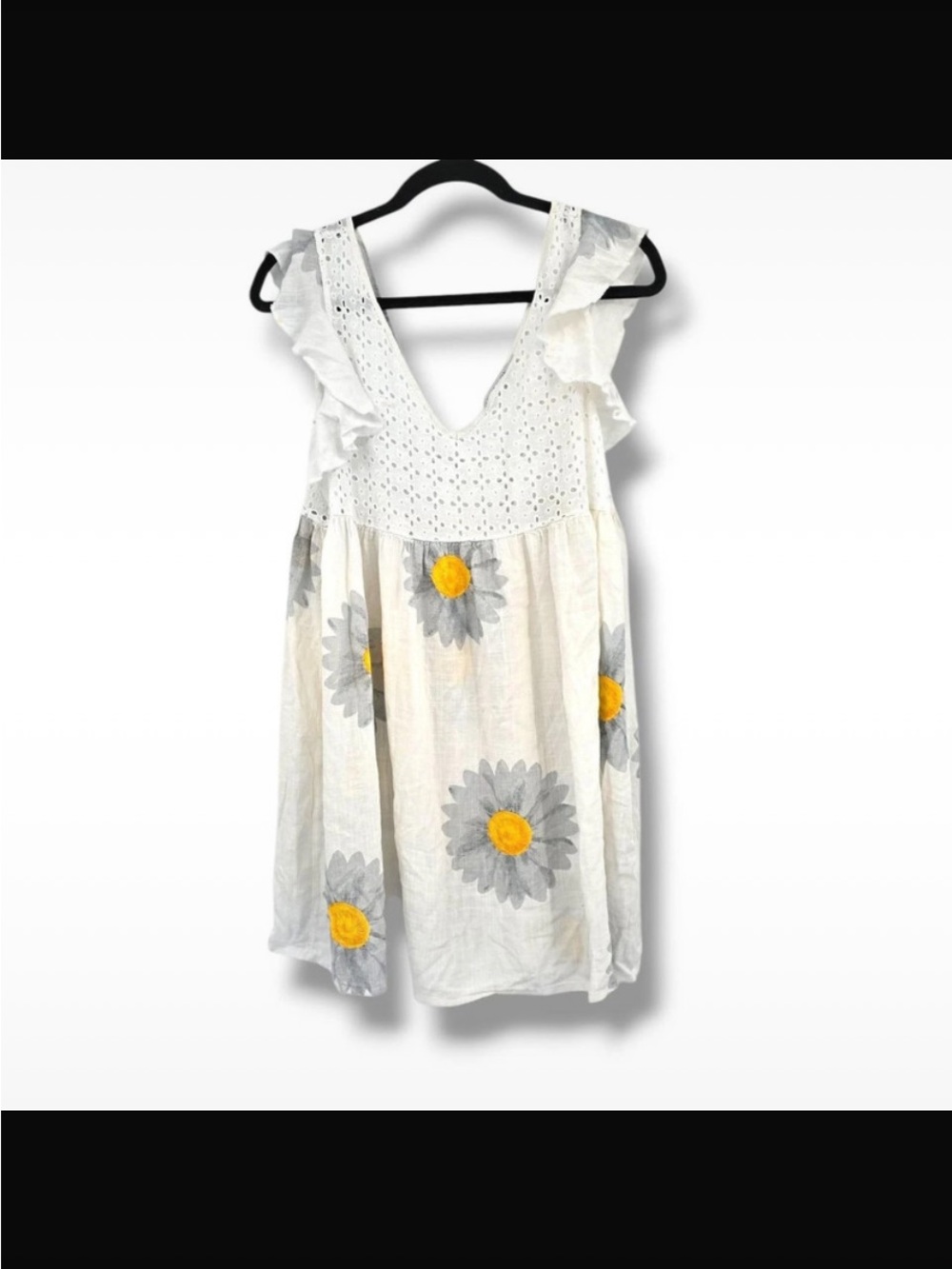 Misslook White Eyelet Sundress with Gray & Yellow Daisy Print size M